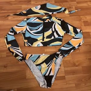 Three piece swimsuit zip up long sleeve, top and headband